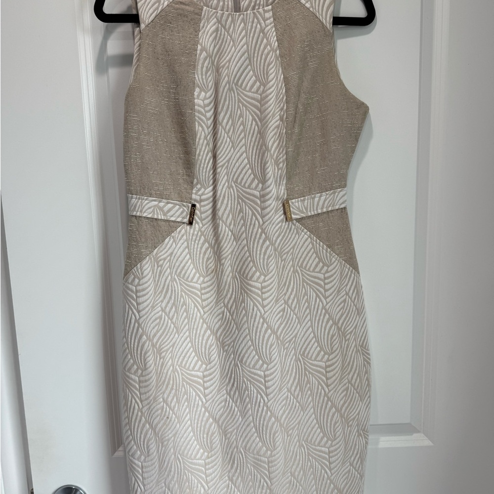 Calvin Klein Cream and Brown Sheath Dress Sleeveless Halter Midi